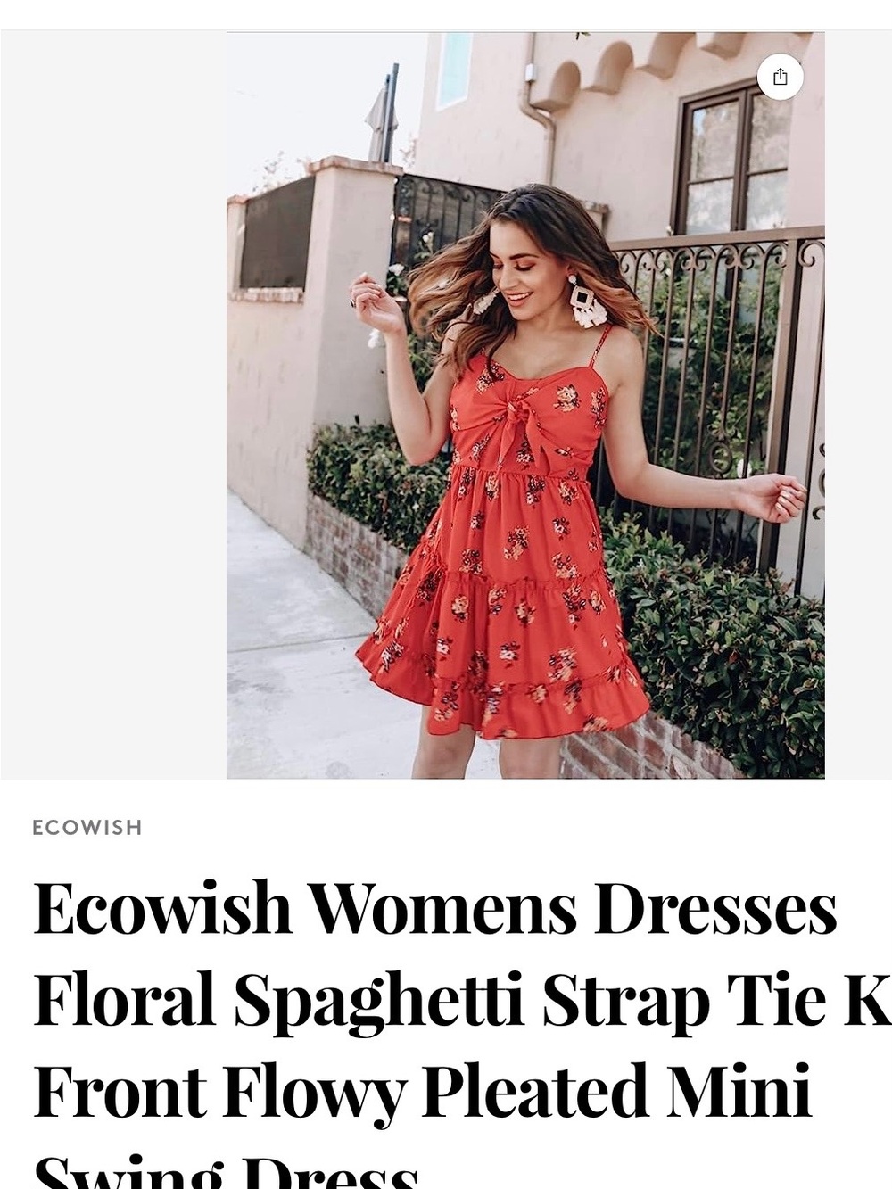 Ecowish Red Floral Spaghetti-Strap Tie-Front Mini Dress